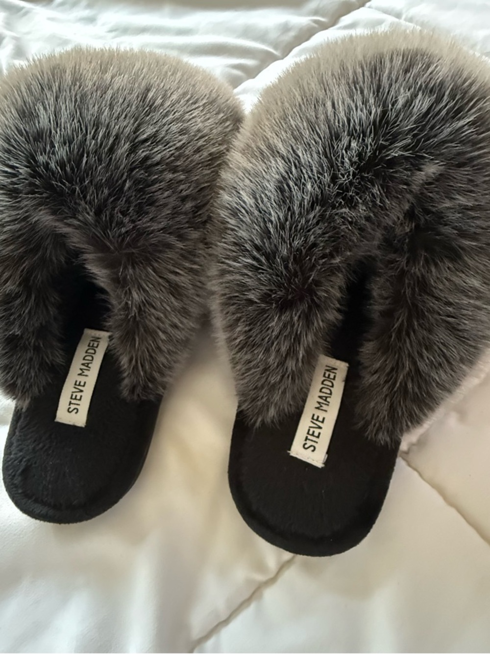 Steve Madden Black Slides with Grey Faux Fur Trim